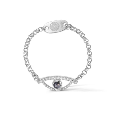 Celestial Eye Diamond Trim White Gold Chain Ring, Black Diamond