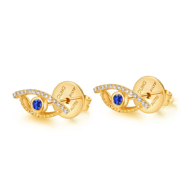 Celestial Eye Diamond Trim Yellow Gold Ear Studs, Blue Sapphire