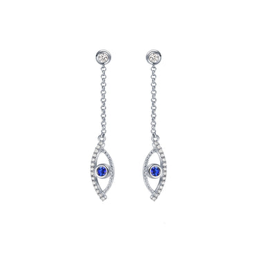 Celestial Eye Diamond Trim White Gold Earrings, Blue Sapphire