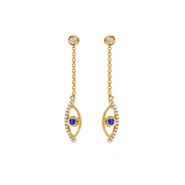 Celestial Eye Diamond Trim Yellow Gold Earrings, Blue Sapphire