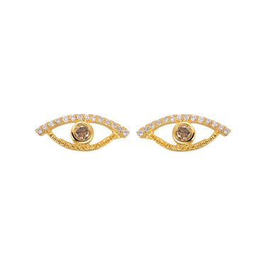 Celestial Eye Diamond Trim Yellow Gold Ear Studs, Fancy Brown Diamond