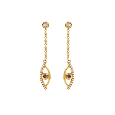 Celestial Eye Diamond Trim Yellow Gold Earrings, Fancy Brown Diamond