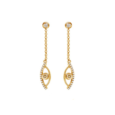 Celestial Eye Diamond Trim Yellow Gold Earrings, White Diamond