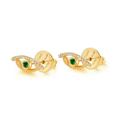 Celestial Eye Diamond Trim Yellow Gold Ear Studs, Green Garnet