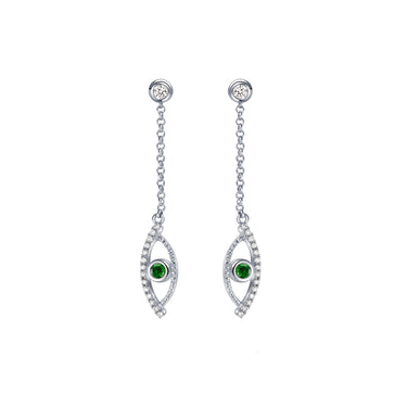 Celestial Eye Diamond Trim White Gold Earrings, Green Garnet