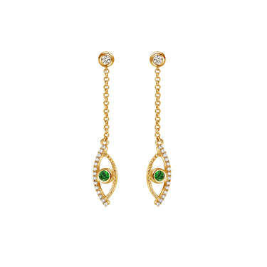 Celestial Eye Diamond Trim Yellow Gold Earrings, Green Garnet