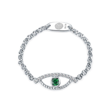 Celestial Eye Diamond Trim White Gold Chain Ring, Green Garnet