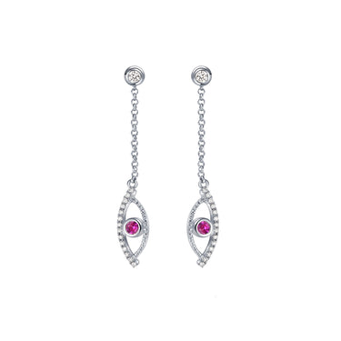 Celestial Eye Diamond Trim White Gold Earrings, Pink Sapphire
