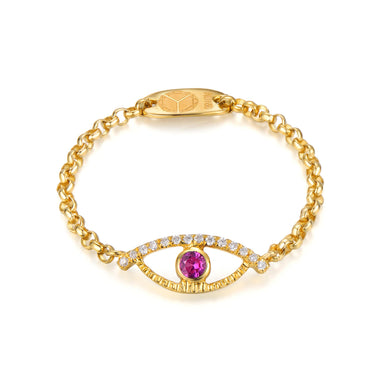 Celestial Eye Diamond Trim Yellow Gold Chain Ring, Pink Sapphire