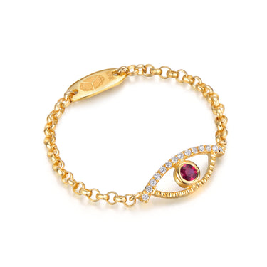 Celestial Eye Diamond Trim Yellow Gold Chain Ring, Ruby
