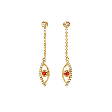 Celestial Eye Diamond Trim Yellow Gold Earrings, Ruby