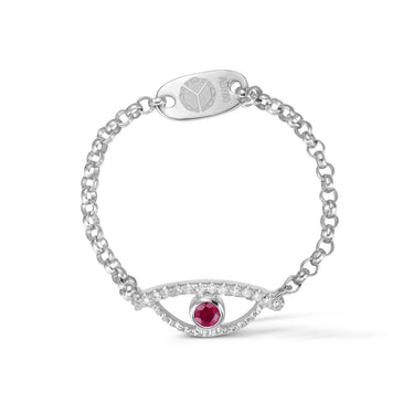Celestial Eye Diamond Trim White Gold Chain Ring, Ruby