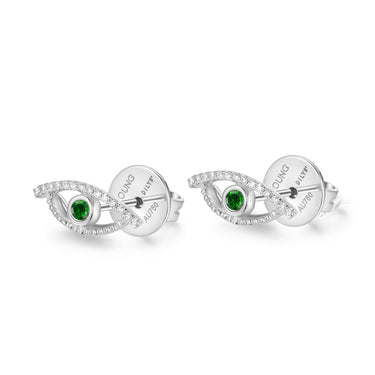 Celestial Eye Diamond Trim White Gold Ear Studs, Green Garnet